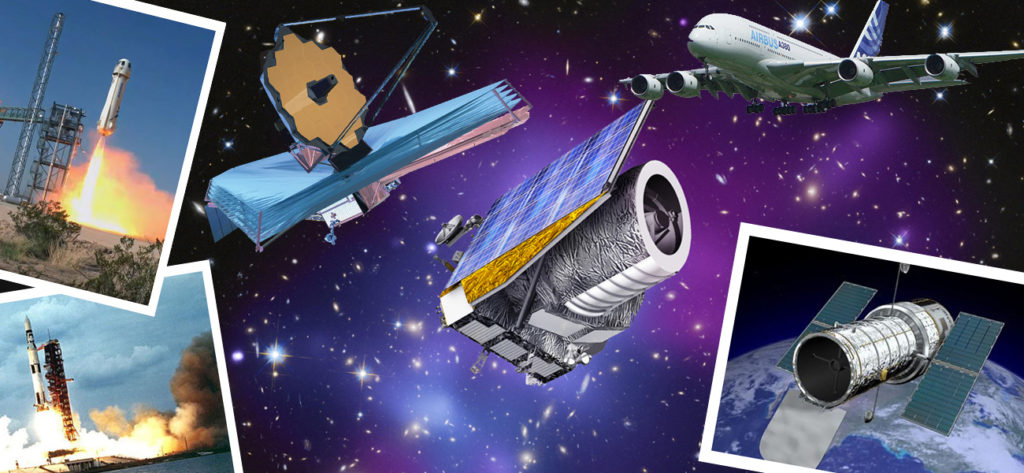 Image with Airbus plane, space shuttle, space telescopes floating in outer space